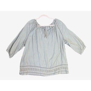 J. Jill Denim Size 1X Embroidered Lace Beige Peasant Top Lagenlook Boho Linen Bl
